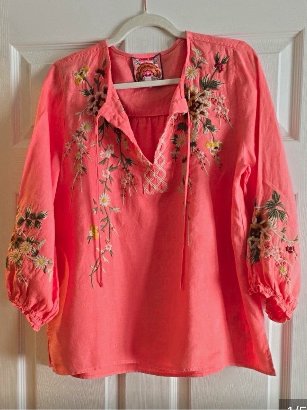 Johnny Was Bohemian Blouse Floral Embroidered V-Neck 3/4 Sleeve